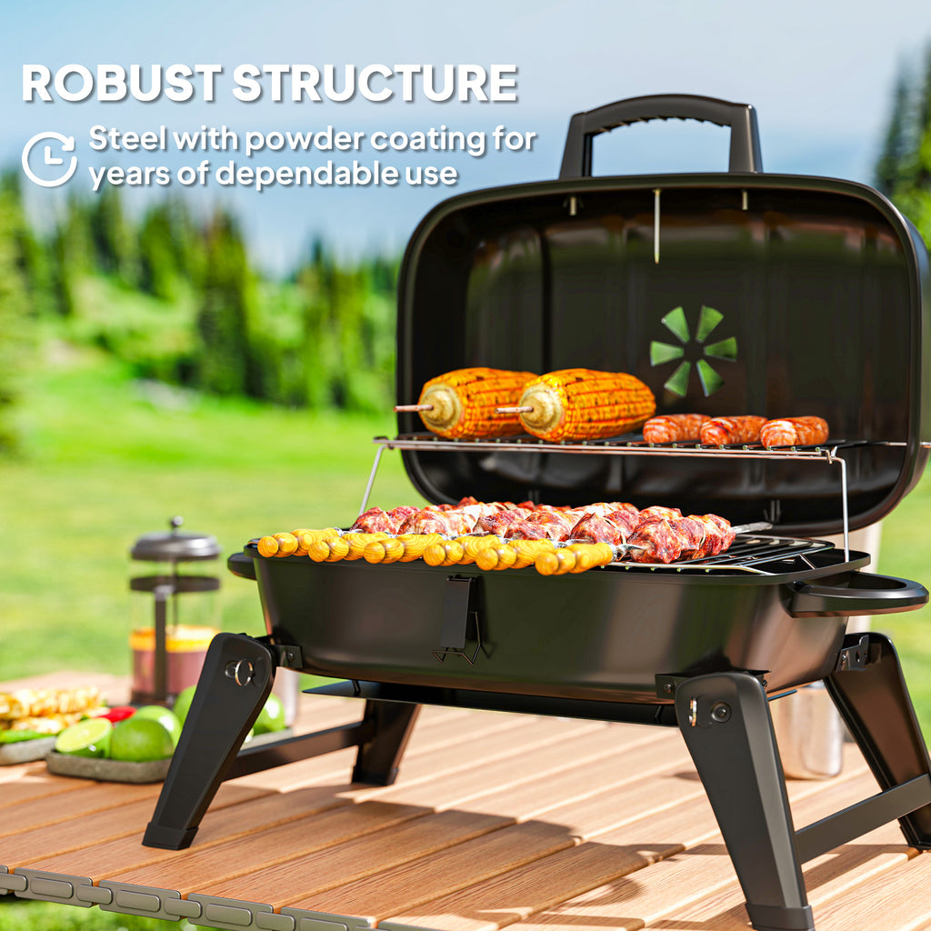 Outsunny Charcoal Barbecue Grill Folding Portable BBQ Grill for Camping with 1232 cm² Cooking Area, Adjustable Vent, Thermometer, Handles for Picnic, 59 x 37 x 36 cm, Black