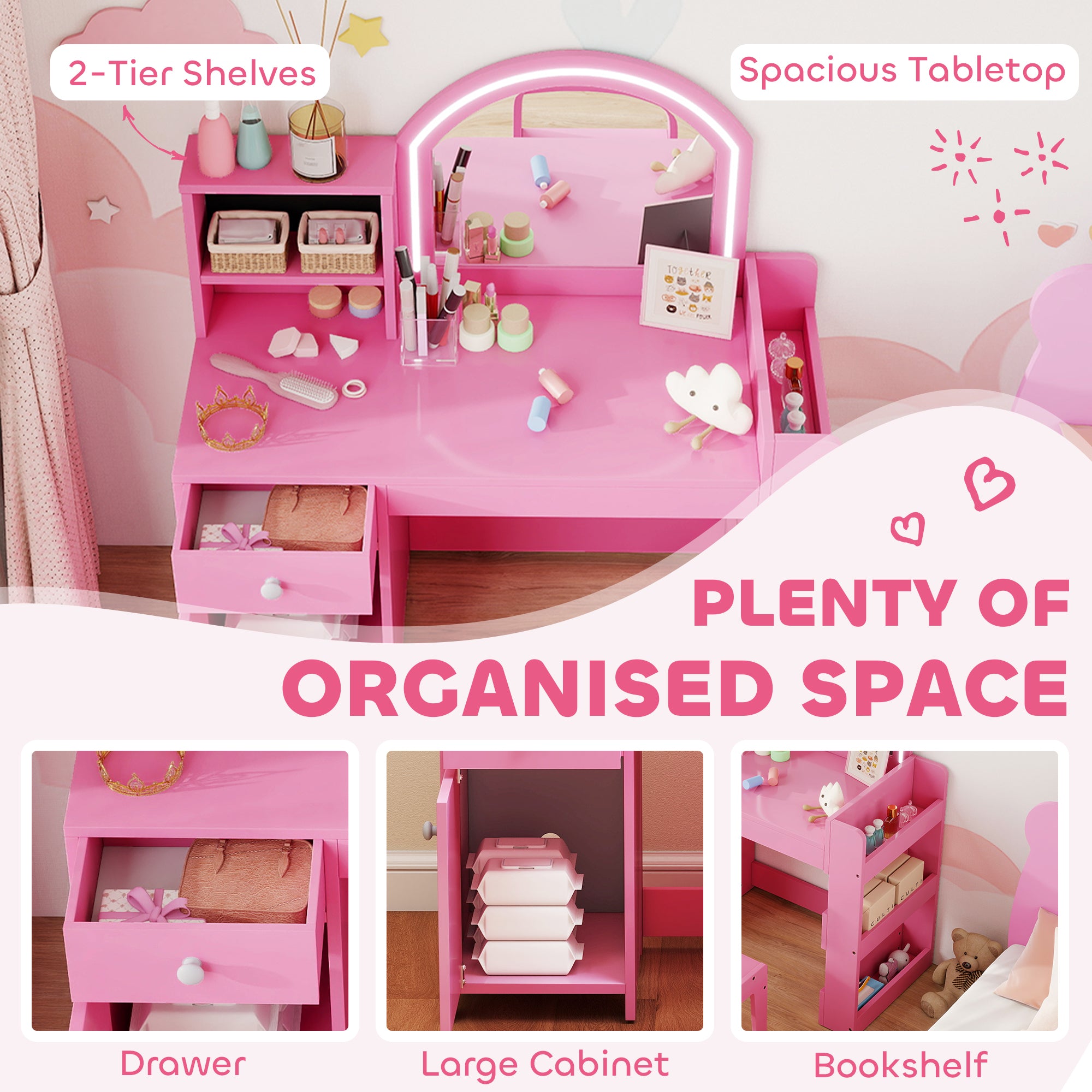AIYAPLAY Kids Vanity Table and Chair Set, Girls Dressing Table with 2-Colour LED Mirror, Stool, Cabinet, Drawer, Shelves, Pink