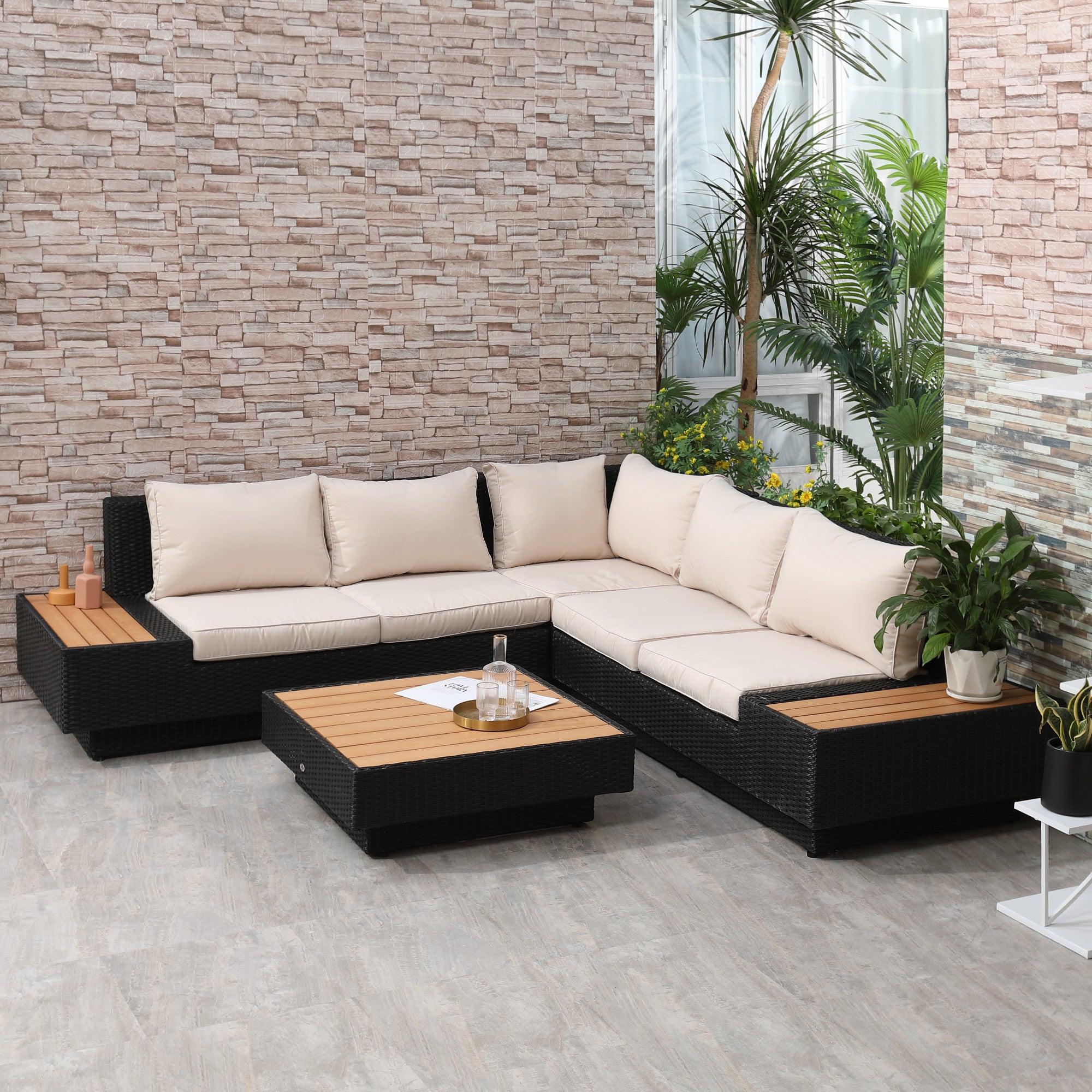 Outsunny 5-Seater Rattan Garden Furniture Outdoor Sectional Corner Sofa with Armrest and Cushions, Black
