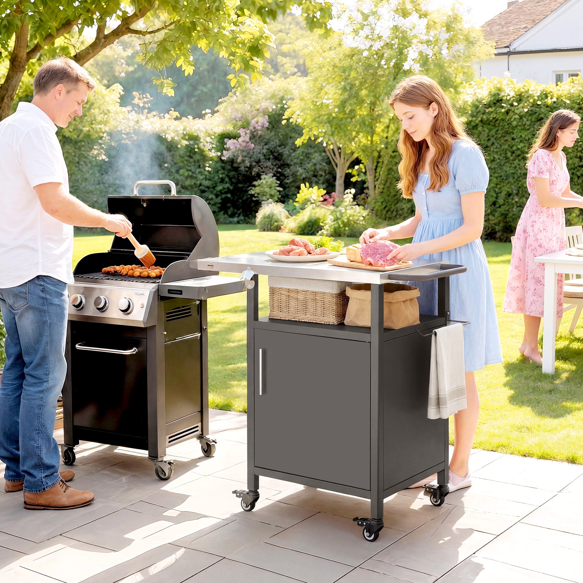 Outsunny Grill Cart with Stainless Steel Top, Pizza Oven Stand with Cabinet, Spice Rack, Towel Holder, Bottle Opener, Brown