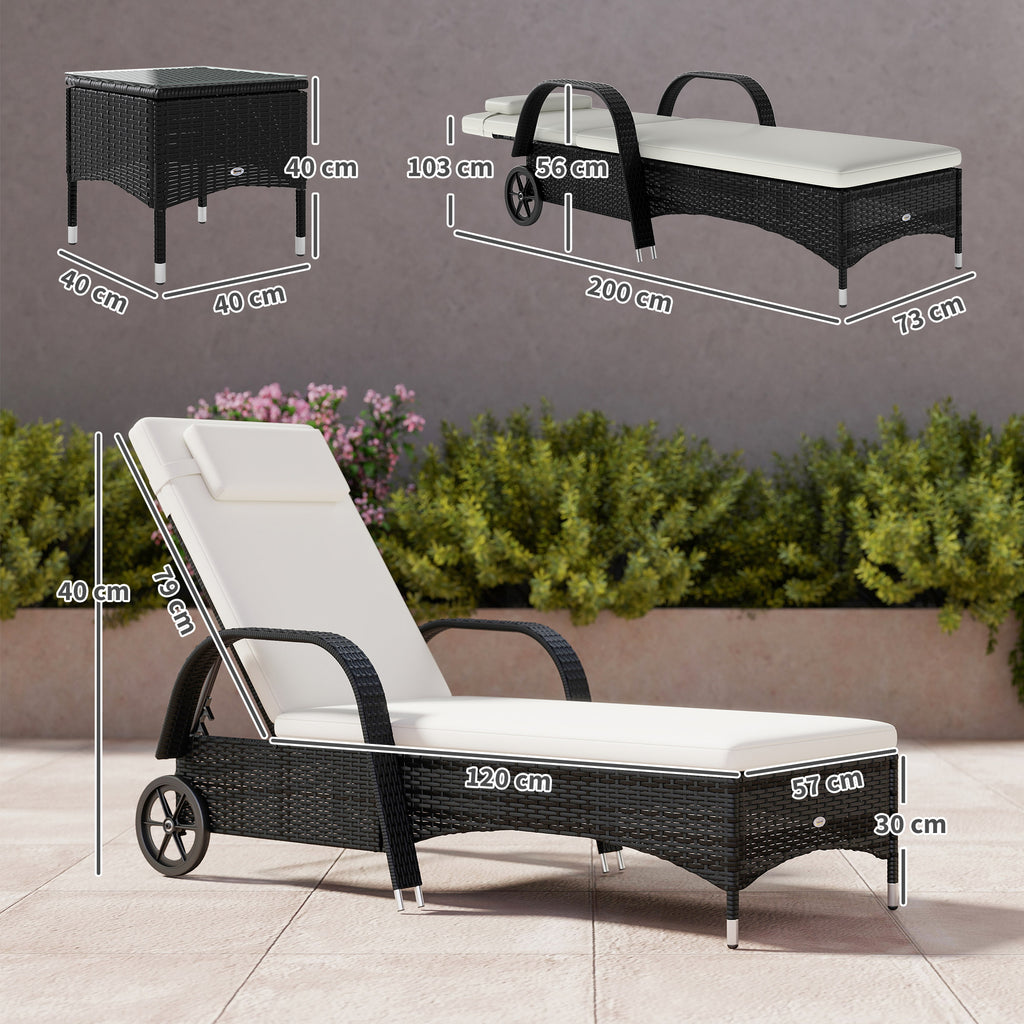 2 Seater Rattan Sun Lounger Set with Side Table Black