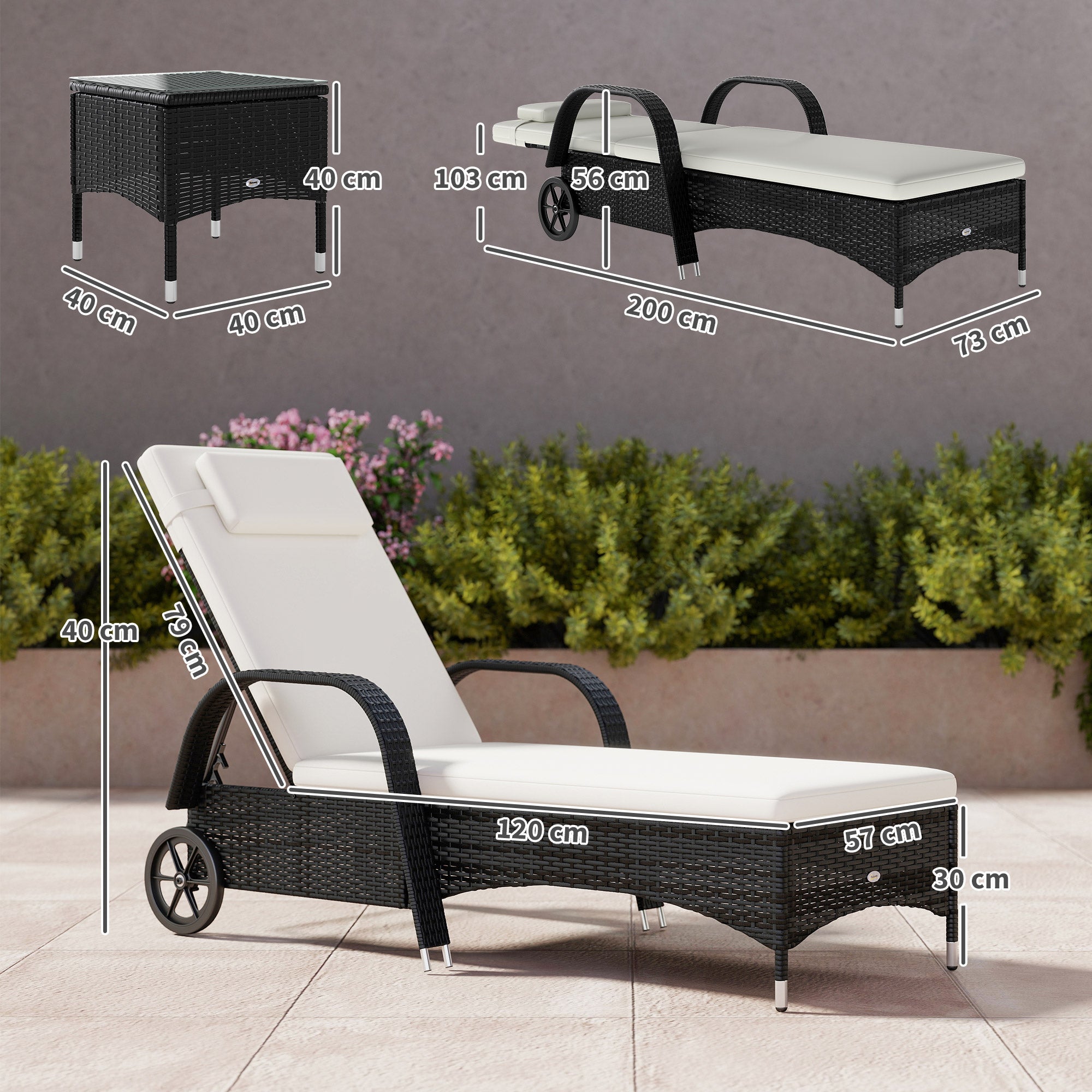 2 Seater Rattan Sun Lounger Set with Side Table Black