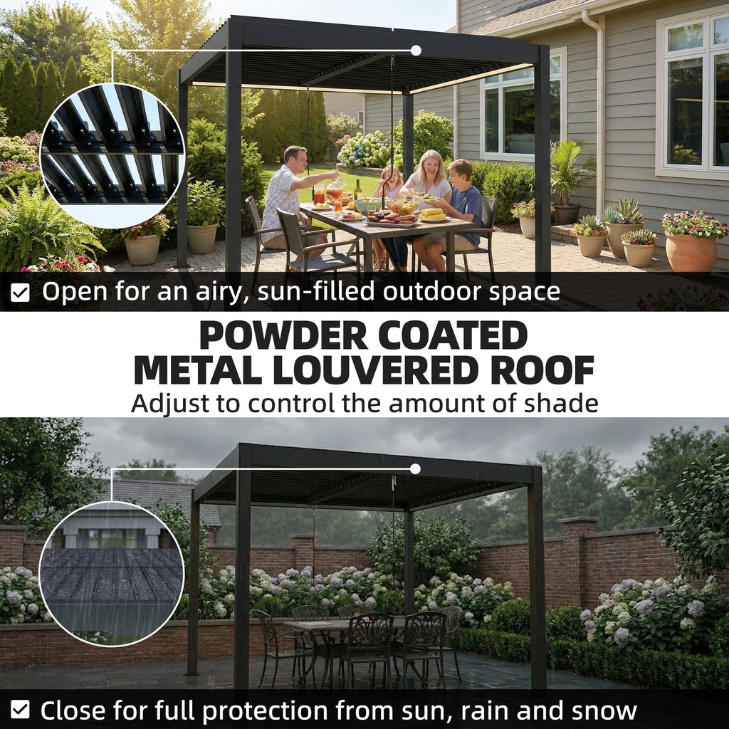 Outsunny 3 x 3 m Louvered Pergola with LED Lights, Metal Louvres, Aluminium Patio Gazebo Pergola, Dark Grey
