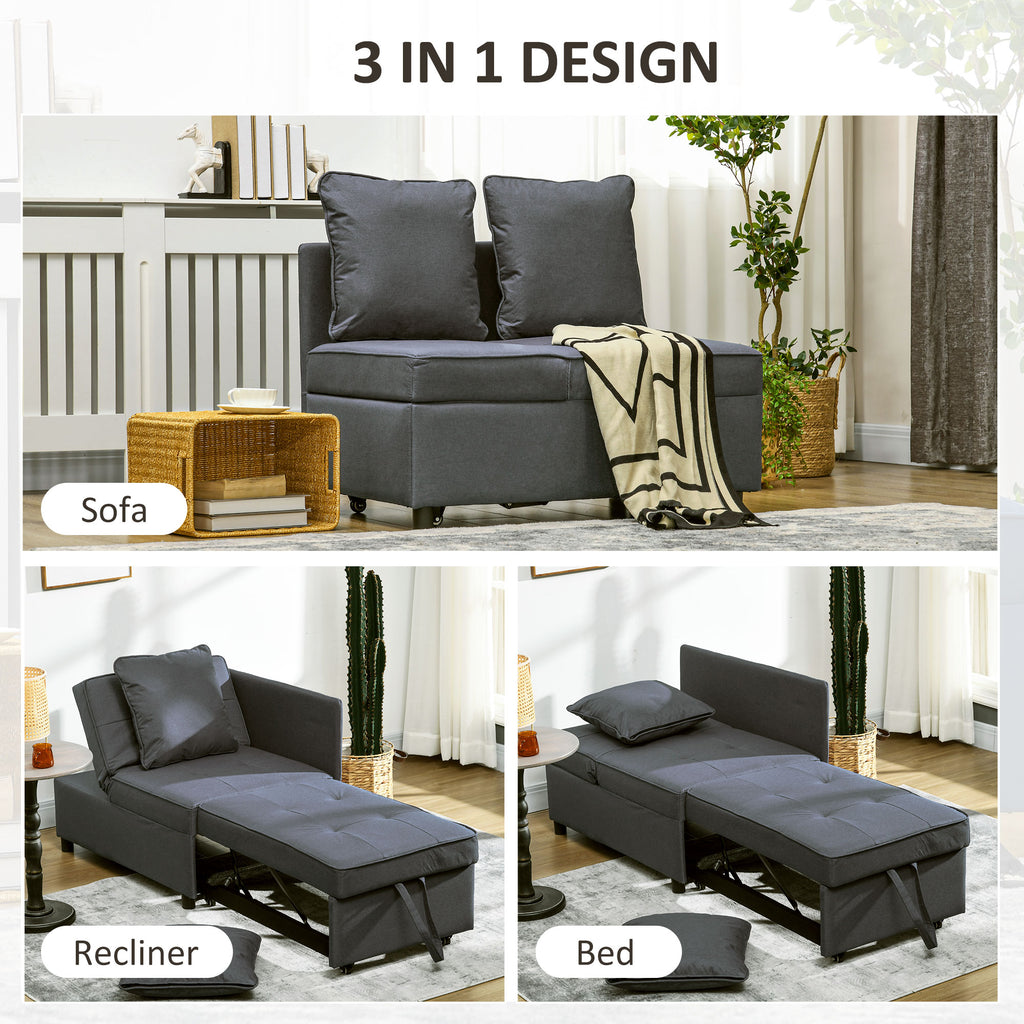 HOMCOM Convertible Single Sofa Bed, 3-in-1 Multi-Functional Sleeper Chair Bed with Magazine Pocket, Grey