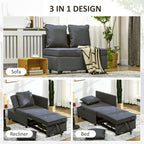 HOMCOM Convertible Single Sofa Bed, 3-in-1 Multi-Functional Sleeper Chair Bed with Magazine Pocket, Grey