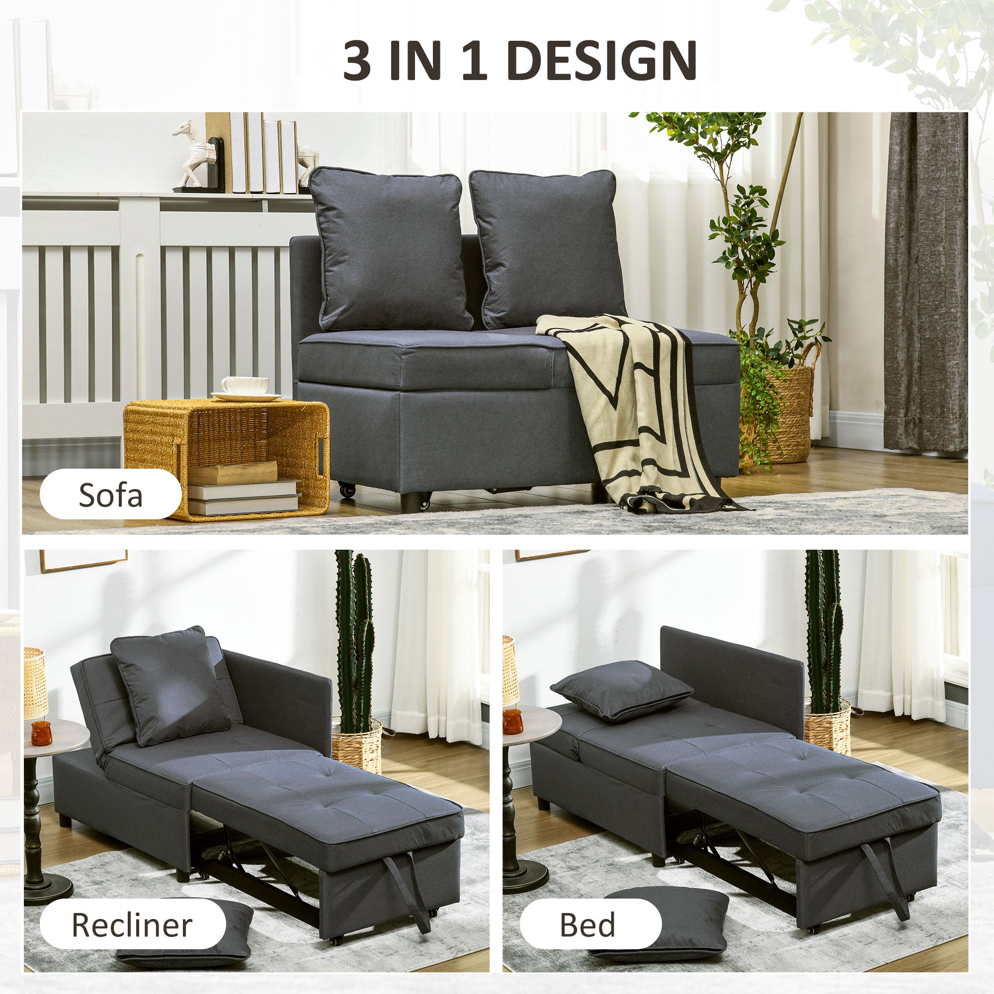 HOMCOM Convertible Single Sofa Bed, 3-in-1 Multi-Functional Sleeper Chair Bed with Magazine Pocket, Grey