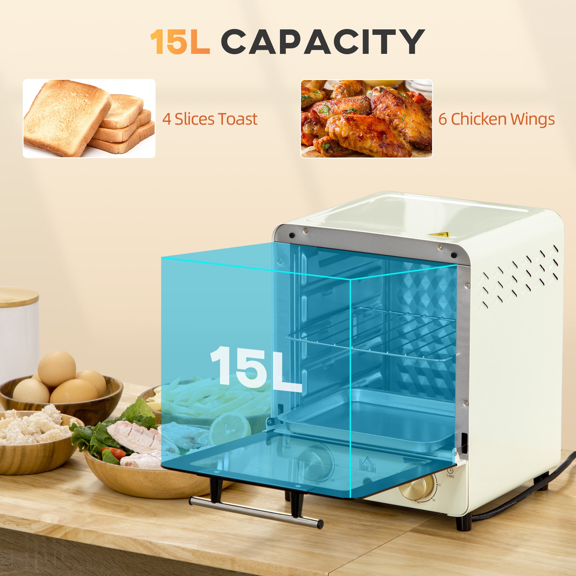 Mini Oven, 15 Litres Electric Oven and Grill with 60-230? Adjustable Temperature, 60 Minute Timer, Include Baking Tray, Wire Rack and Crumb Tray, 1000W, Cream White