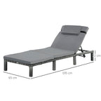 Outsunny Rattan Sun Lounger, 5-Level Adjustable Garden Lounger Recliner with Cushion and Headrest, Outdoor Reclining Sunbed, Steel Frame Garden Chair for Patio, Beach, Terrace, Dark Grey