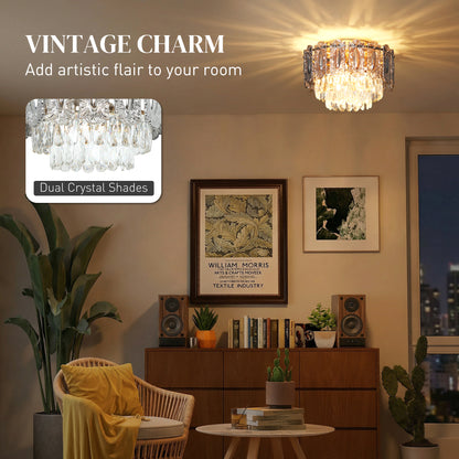 Chandelier Ceiling Light, 3-Light Flush Mount Fixture with Dual Crystal and Smoke Glass Shade, 40 cm LED Ceiling Light for Living Room Bedroom, 3 E14 Sockets, Bulbs Not Included, Gold Tone