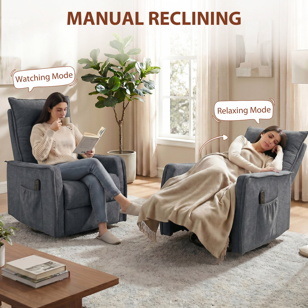 Recliner Armchair, Chenille Recliner Chair with Massage and Heat, 360° Swivel Rocking Manual Recliner, Dark Grey
