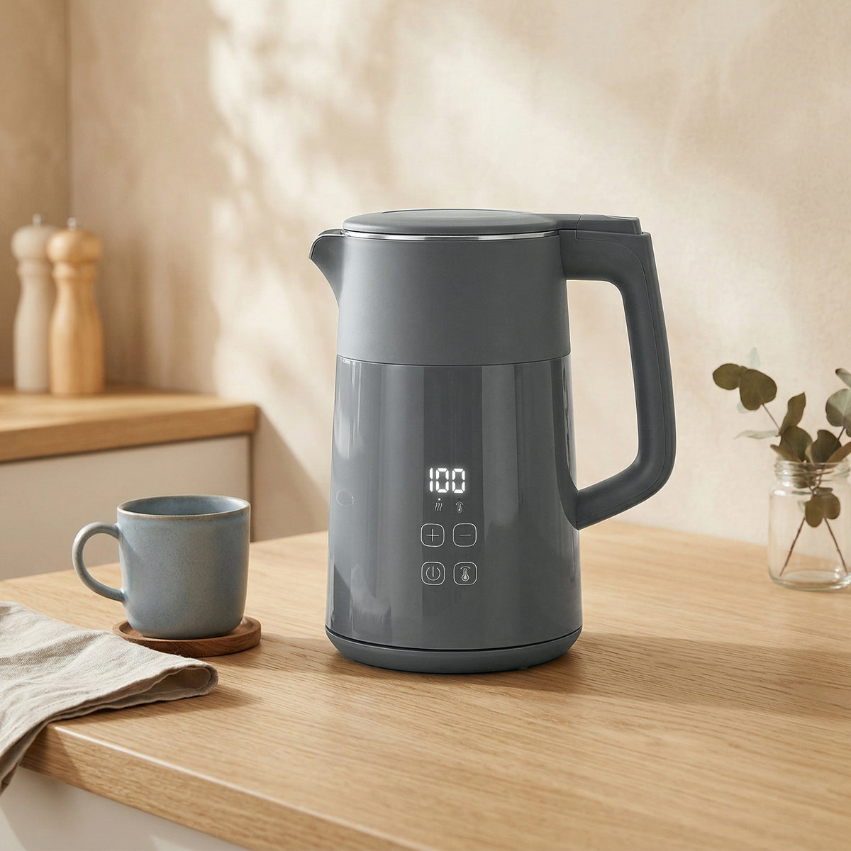 Electric Kettle, 1.7L Fast Boil 3kW Water Kettle with UK Strix Thermostat, LED Display, Keep Warm Function, Grey