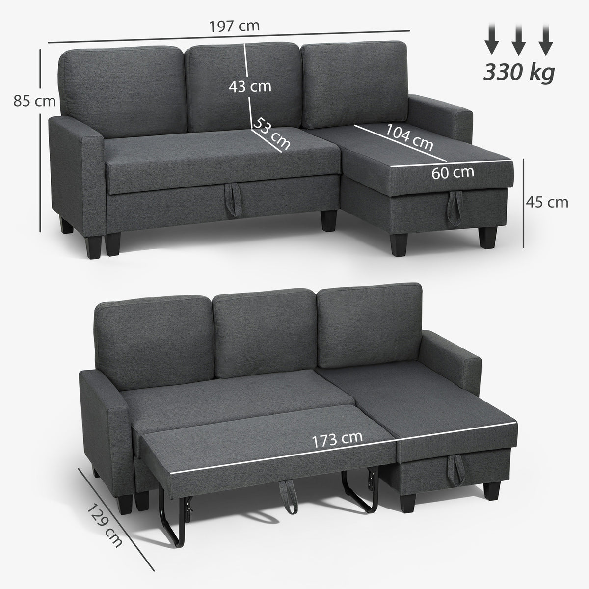 Three-Seater Storage Sofa Bed -  Charcoal Grey