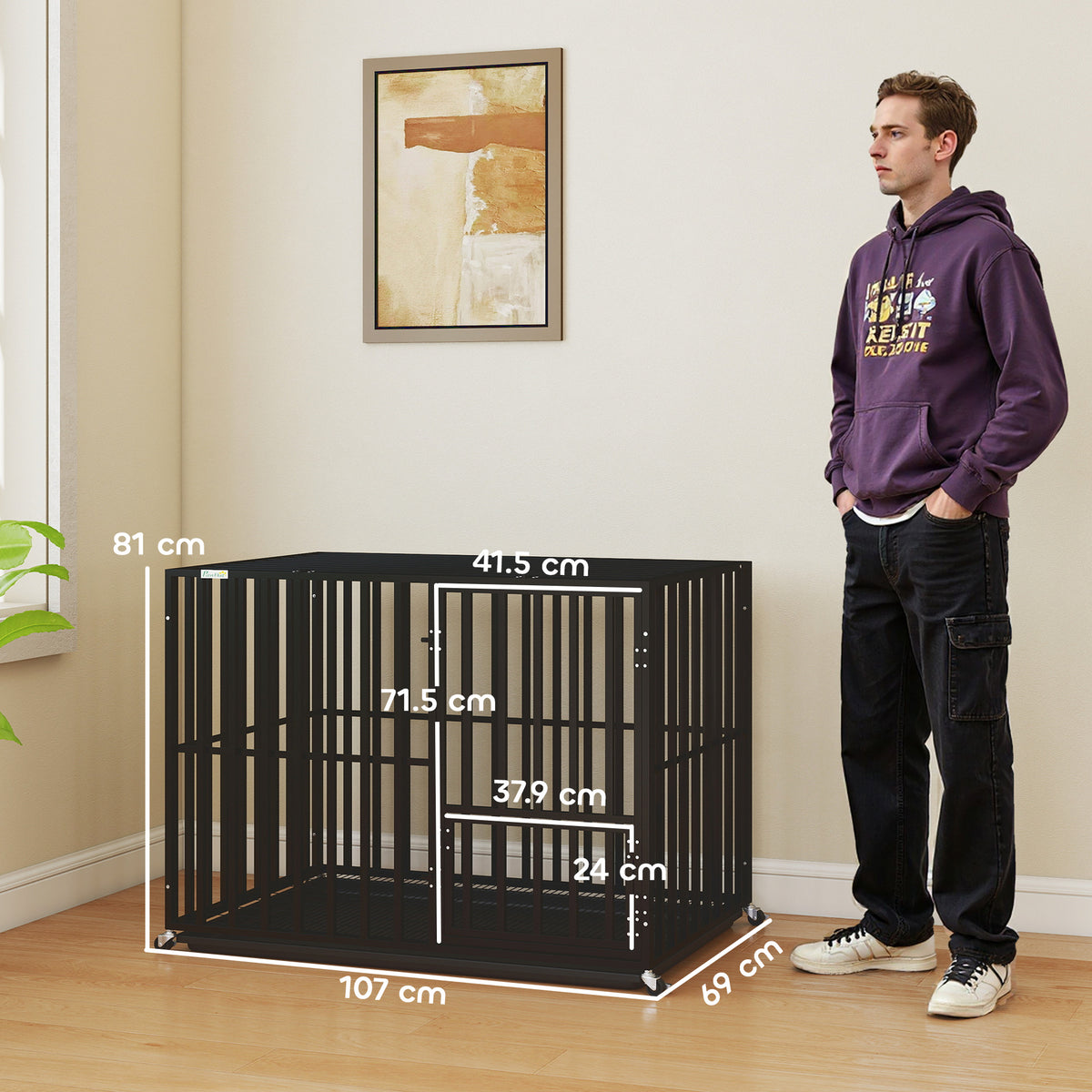 PawHut Heavy Duty Dog Crate, Dog Cage with Wheels for Medium Large Breeds with Removable Tray, Black