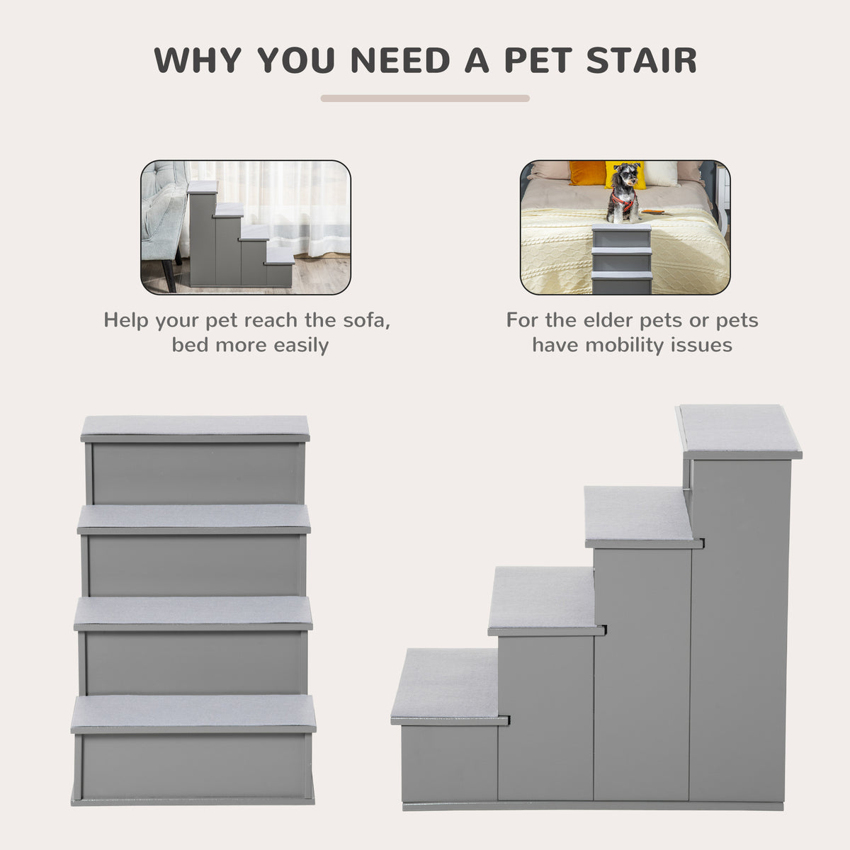 PawHut 4 Step Dog Steps for Bed, Wooden Dog Steps for Sofa, Pet Stairs for Bed Couch with Non-Slip Carpet for Cats and Puppies, 40 x 59 x 54.2 cm, Grey
