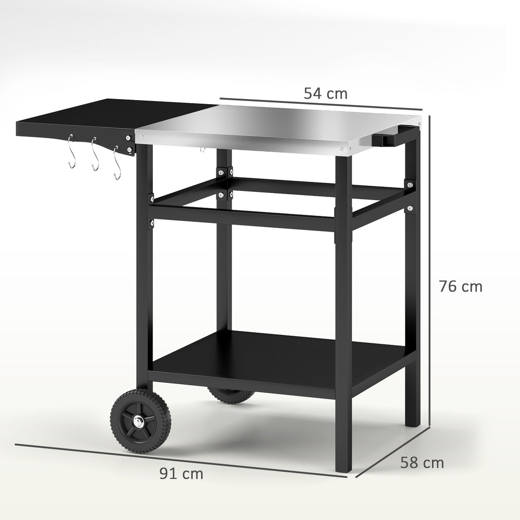 Outsunny BBQ Trolley with Stainless Steel Top and Foldable Side Table, Outdoor Kitchen Barbecue Station with Hooks and Shelf, Pizza Oven Table Movable Outdoor Grill Dining Cart with Cover, Black