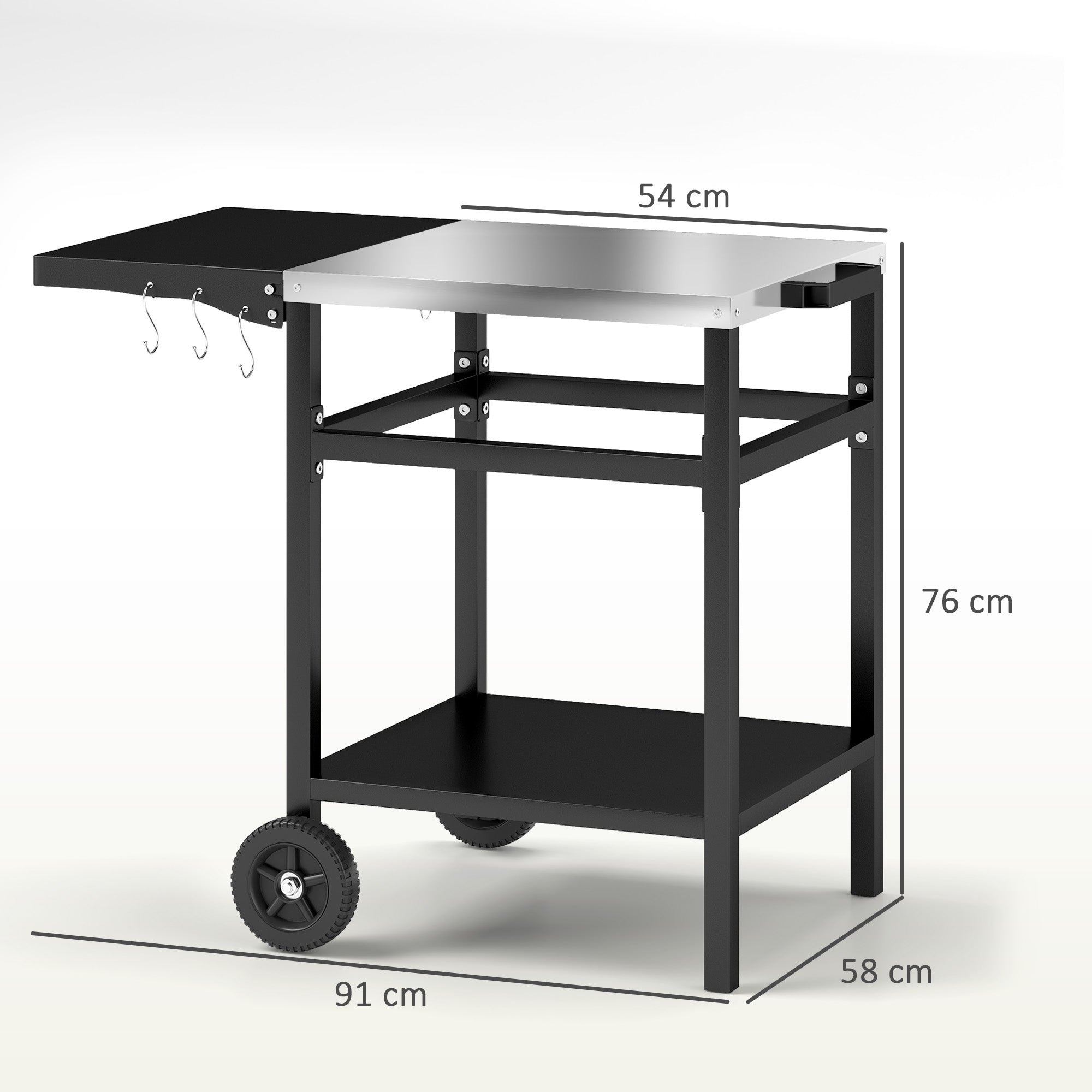 Outsunny BBQ Trolley with Stainless Steel Top and Foldable Side Table, Outdoor Kitchen Barbecue Station with Hooks and Shelf, Pizza Oven Table Movable Outdoor Grill Dining Cart with Cover, Black