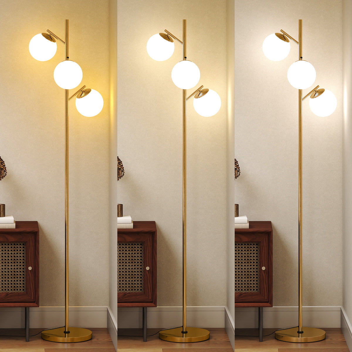 3-Light Tree Floor Lamps for Living Room, Modern Standing Lamp for Bedroom with Globe Lampshade, 3000K/4000K/6000K Colour Temperatures, Steel Base, Gold Tone