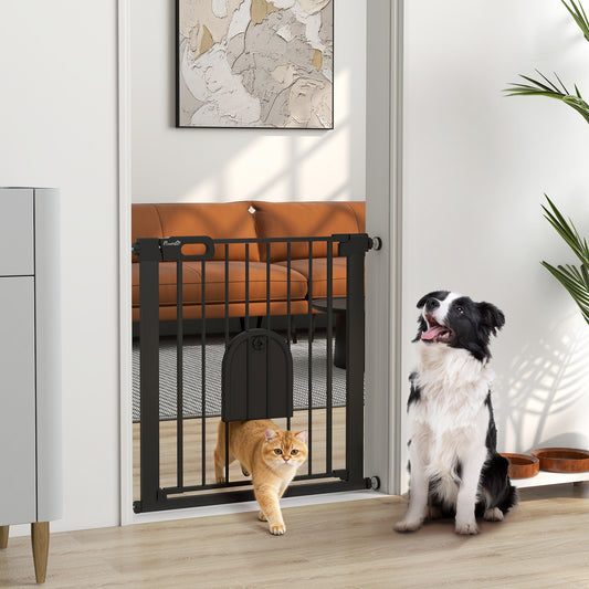 PawHut Dog Gate with Cat Flap Pet Safety Gate Barrier, Stair Pressure Fit, Auto Close, Double Locking, 75-82 cm Black