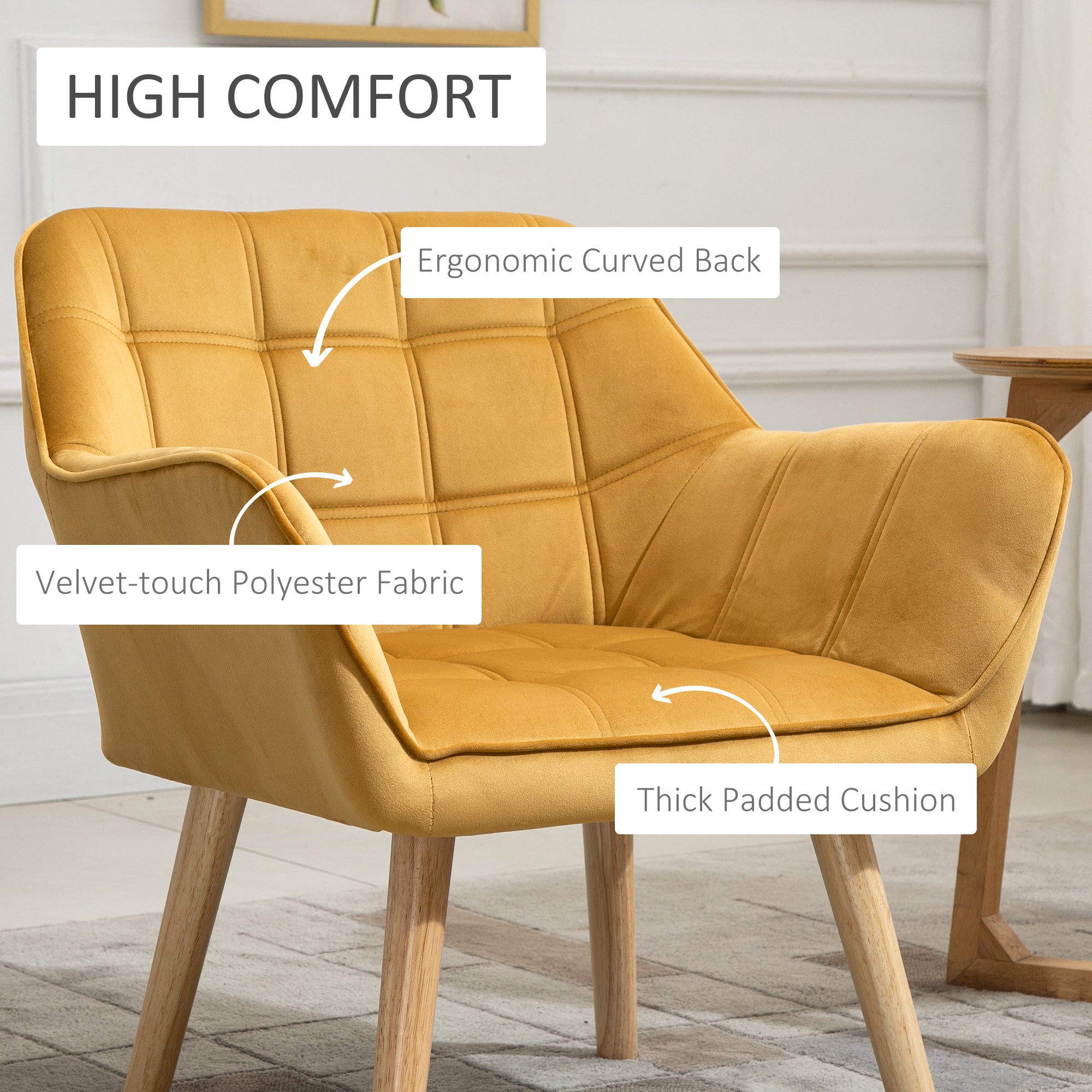 HOMCOM Accent Chair, Velvet Upholstered Vanity Tub Chair with Flared Armrests, Slanted Back, Solid Wood Legs, Comfy Padding Armchair, Home Bedroom Furniture Seating, Set of 2, Yellow