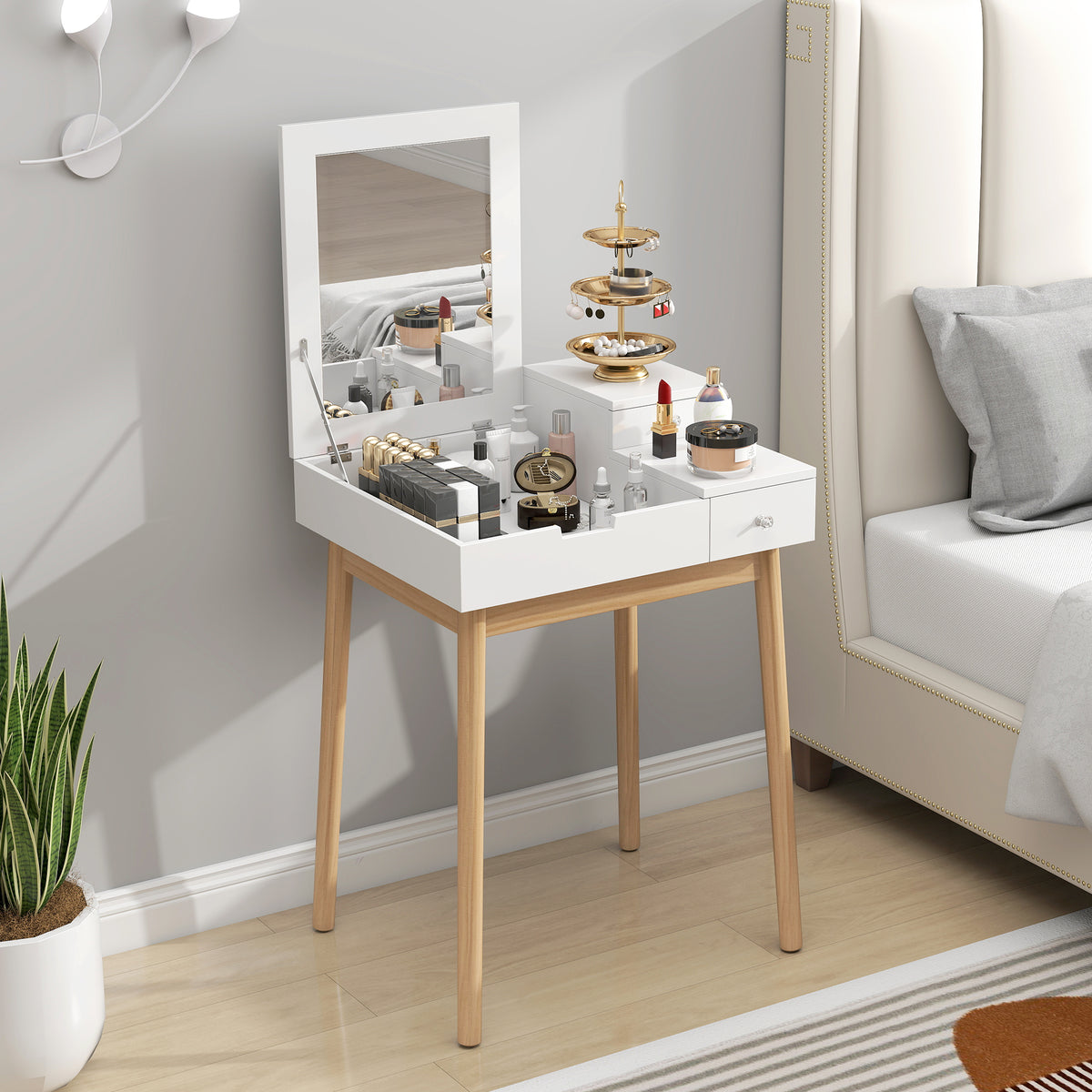 Dressing Table with Flip-up Mirror, Makeup Desk with 2 Drawers and Pine Wood Legs, Vanity Table Writing Desk for Bedroom Living Room, White