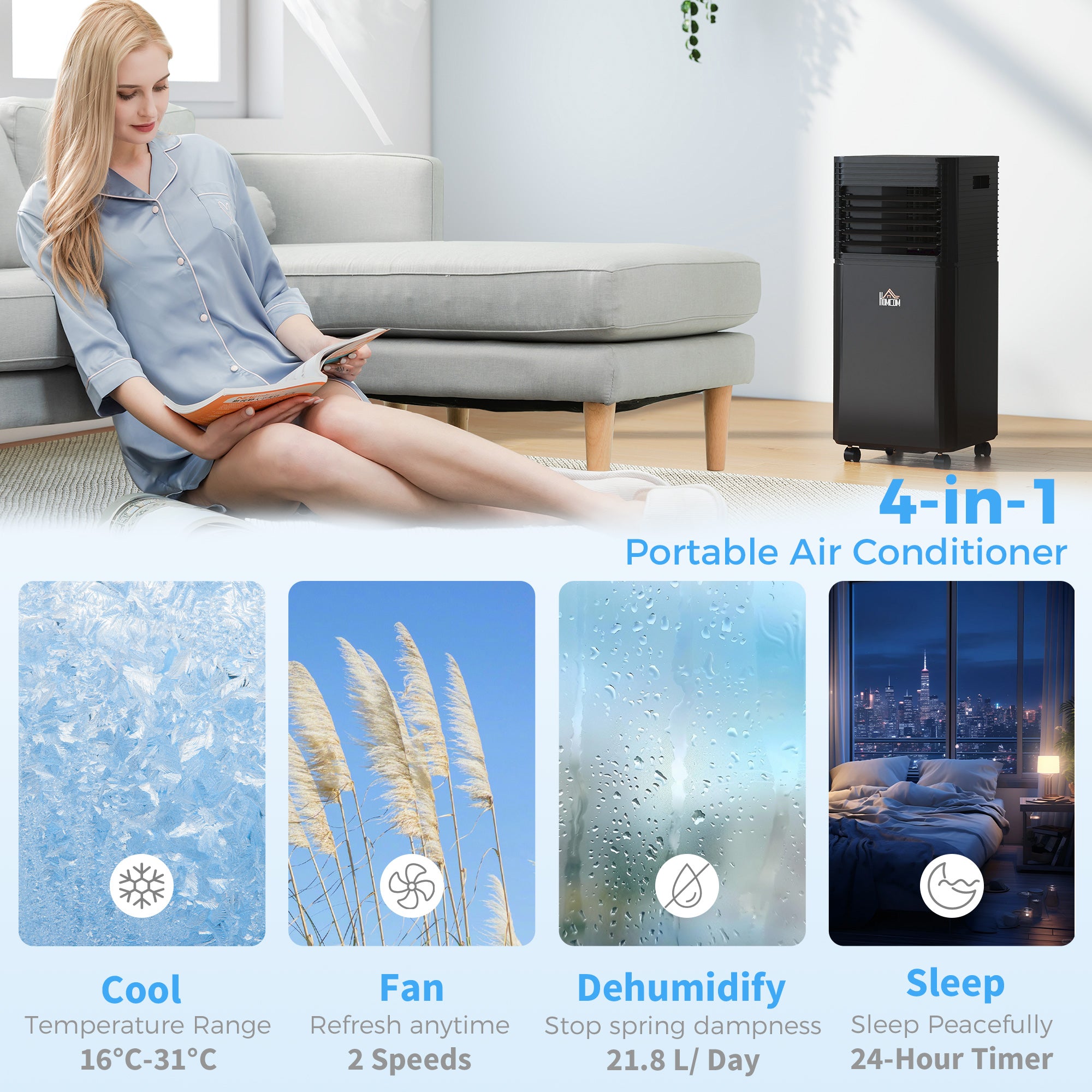 8000 BTU 4-In-1 Portable Air Conditioner Unit Cooling Dehumidifying Ventilating  for Room up to 27m², with Fan, Remote, 24H Timer, Window Mount Kit, R290, A Energy Efficiency