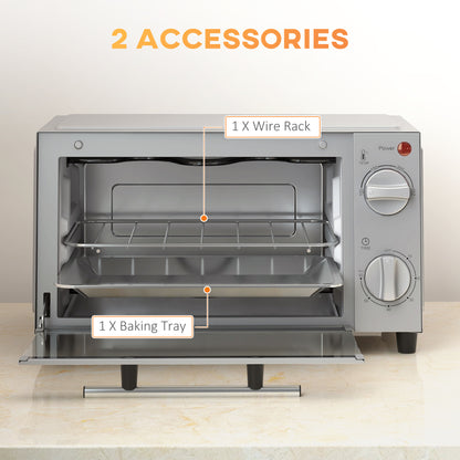 Mini Oven, 9L Countertop Electric Grill, Toaster Oven with Adjustable Temperature, Timer, Dishwasher Safe Baking Tray and Wire Rack, 750W, Silver