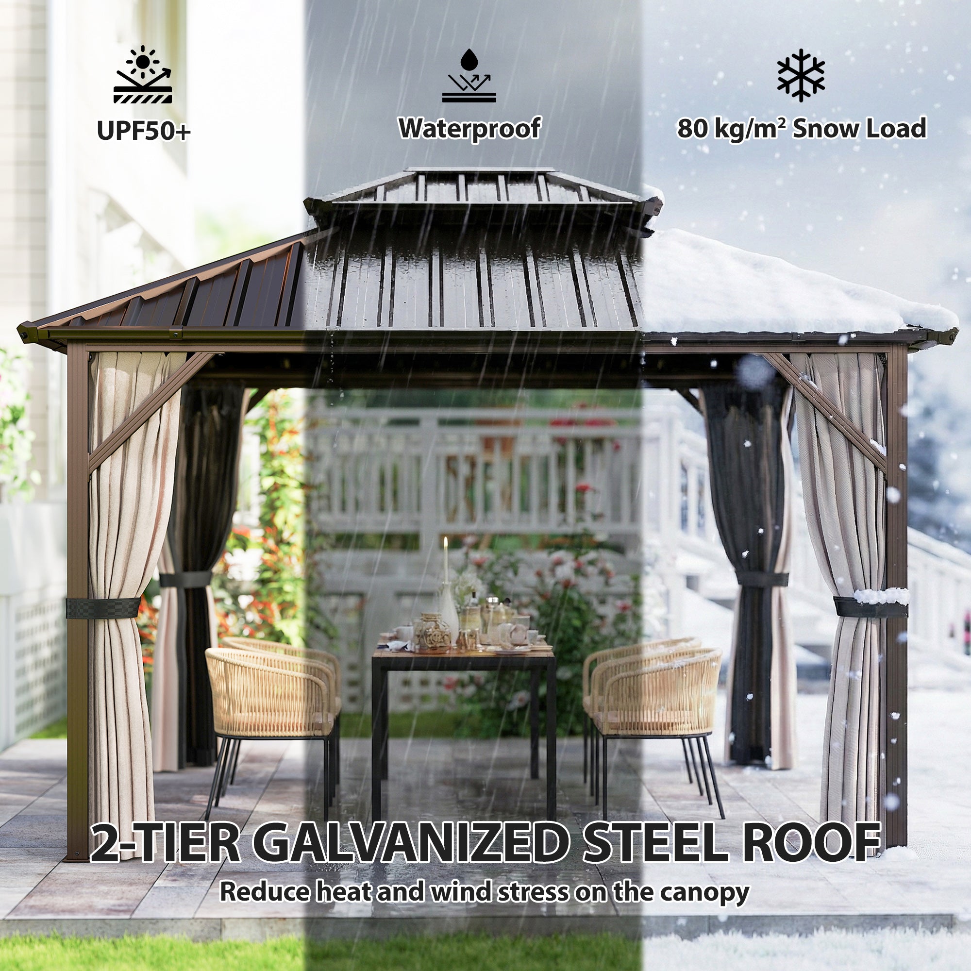 Outsunny 3x3.6 m Hardtop Gazebo Canopy with UPF50+ Double Galvanised Steel Roof, Brown