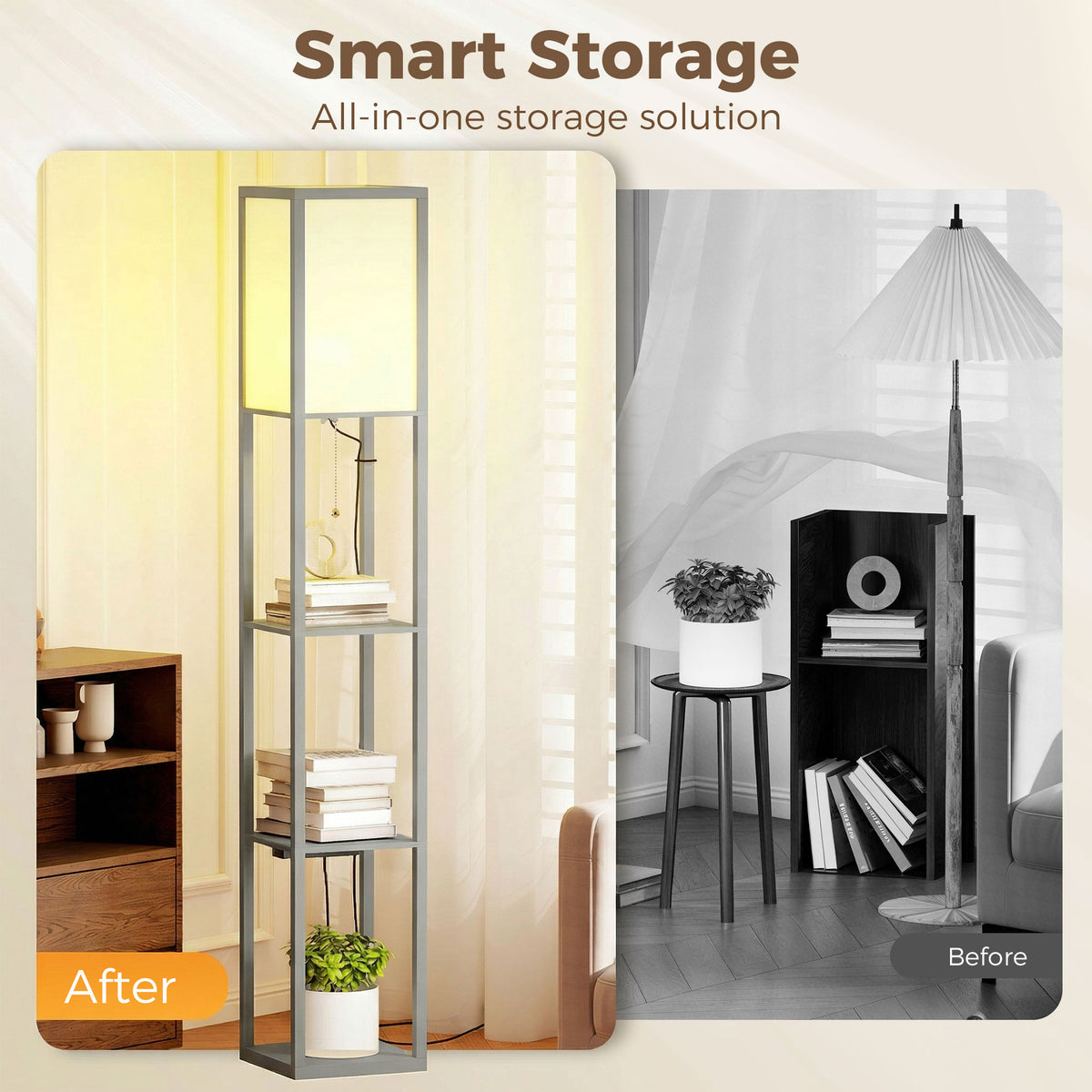 Floor Lamp with Shelves, 3 Layer Column Modern Standing Lamp for Living Room, Bedroom, Office, Grey