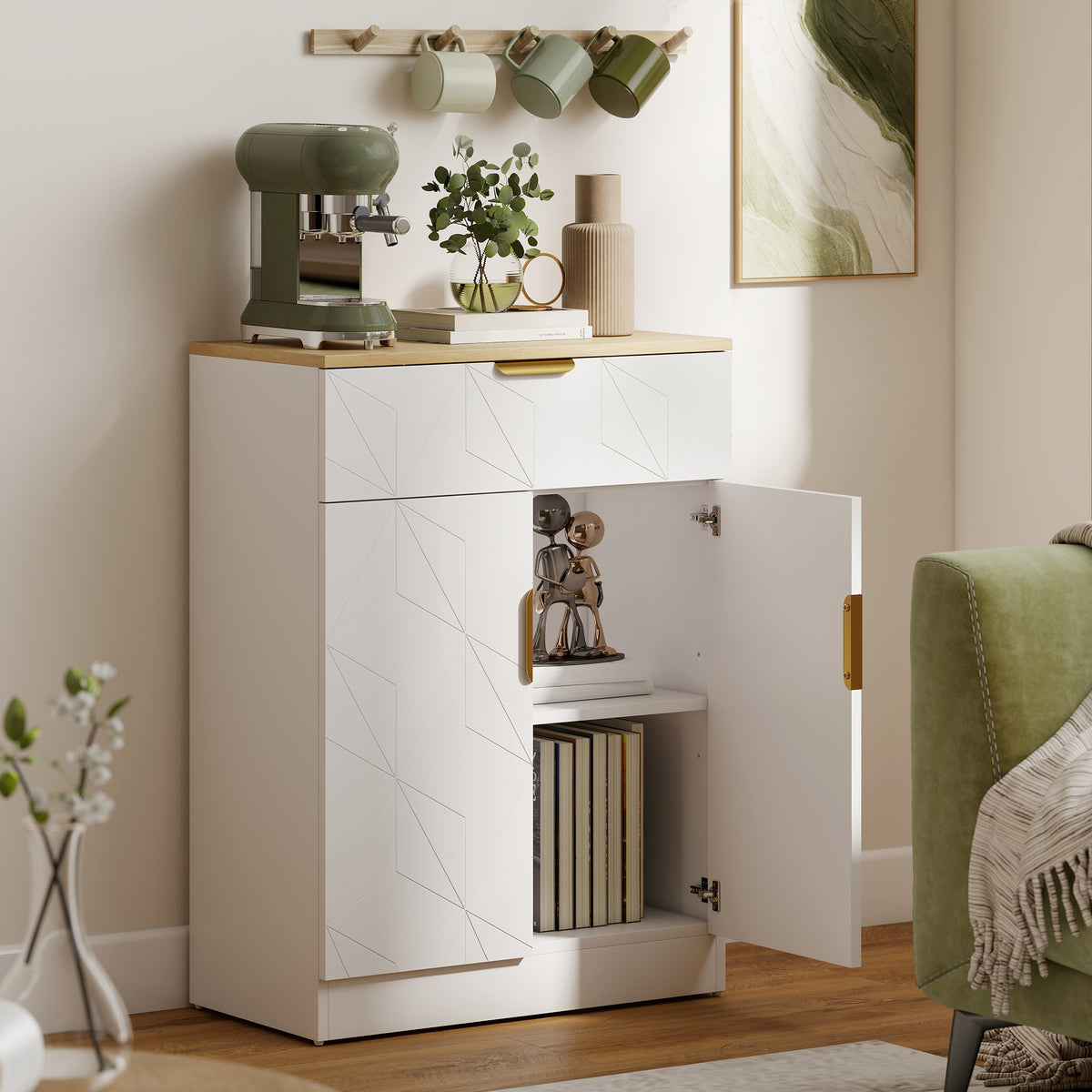 Sideboard Storage Cabinet, Modern Storage Cupboard with Drawer and Adjustable Shelf for Living Room, Kitchen, Dining Room, Entryway, White