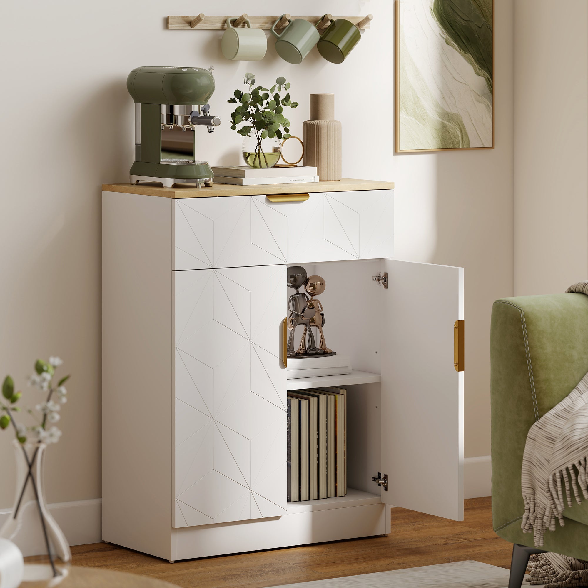 HOMCOM Sideboard Storage Cabinet, Modern Storage Cupboard with Drawer and Adjustable Shelf for Living Room, Kitchen, Dining Room, Entryway, White