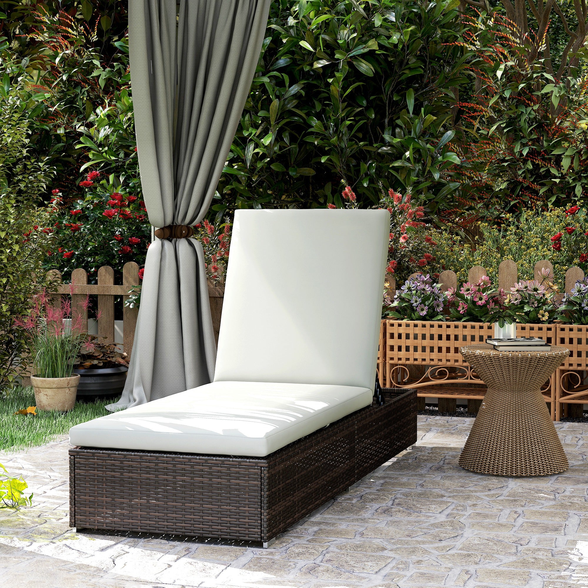 Outsunny PE Rattan Sun Lounger, Five-level Adjustable Recliner Bed Chair with Soft Padded Cushion for Patio, Garden, Mixed Brown