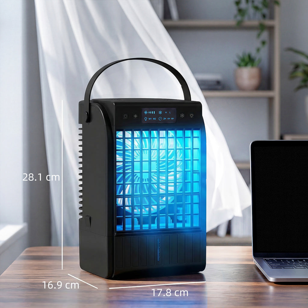 Portable Air Conditioner, 4-in-1 Mini Air Cooler with 4 Wind Speed, 2 Cool Mist, RGB 7 LED Light, Black