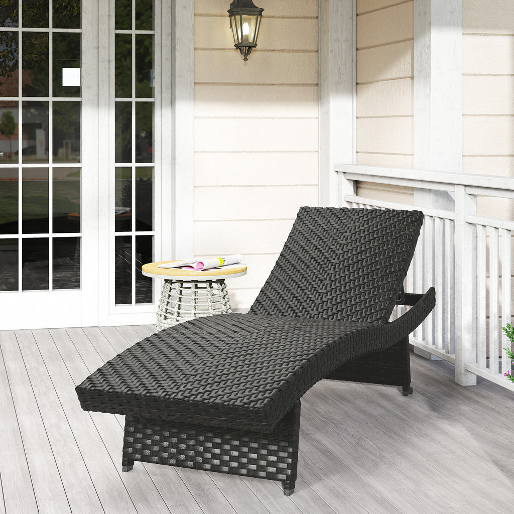 Outsunny Outdoor PE Rattan Sun Lounger, Folding Wicker Garden Lounger Recliner with 4-Level Adjustable Backrest, Rolling Sunbed Lounge Chair with Wheels, Non-Slip Legs for Balcony, Beach, Black