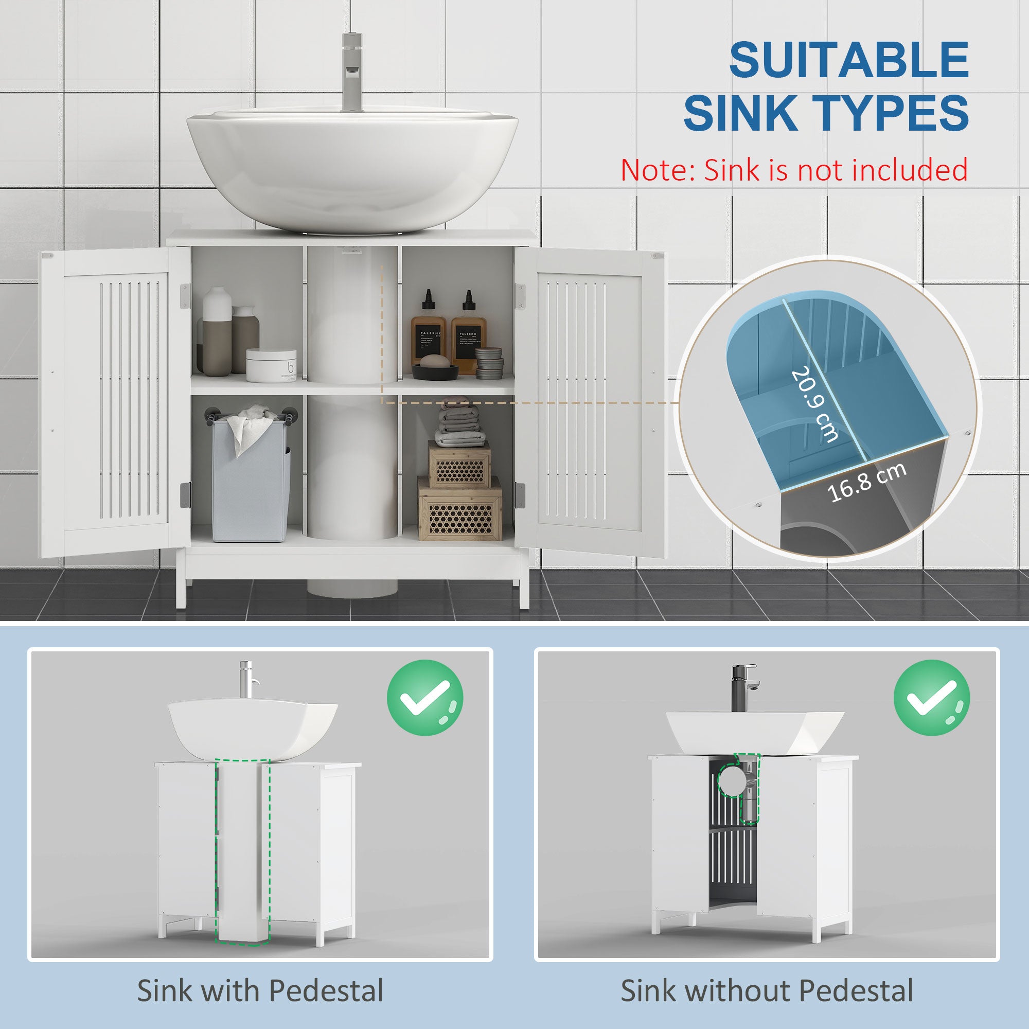 kleankin Modern Under Sink Cabinet with 2 Doors, Bathroom Vanity Unit, Pedestal Under Sink Design, Storage Cupboard with Adjustable Shelves, White