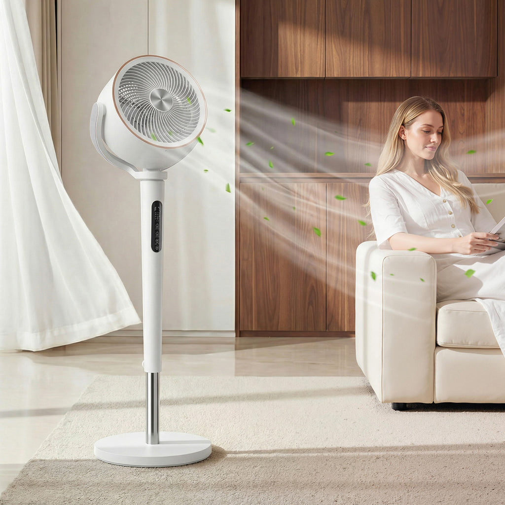 20dB Silent Standing Fan, 70°+90° Auto Oscillating Fan with 12 Speeds, LED Light, Air Circulator, Remote Control, 12H Timer, for Bedroom, 46 Inch, White