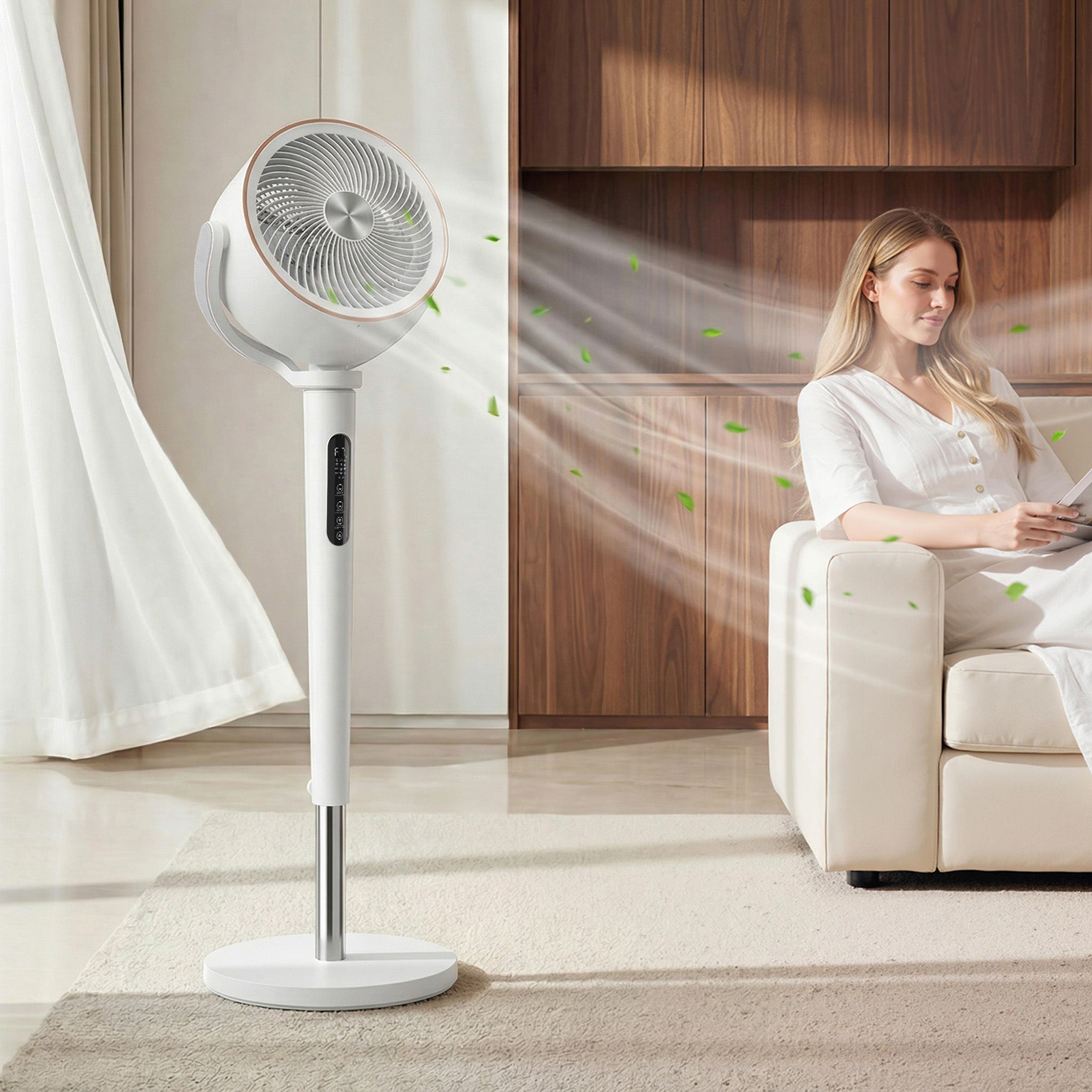 20dB Silent Standing Fan, 70°+90° Auto Oscillating Fan with 12 Speeds, LED Light, Air Circulator, Remote Control, 12H Timer, for Bedroom, 46 Inch, White
