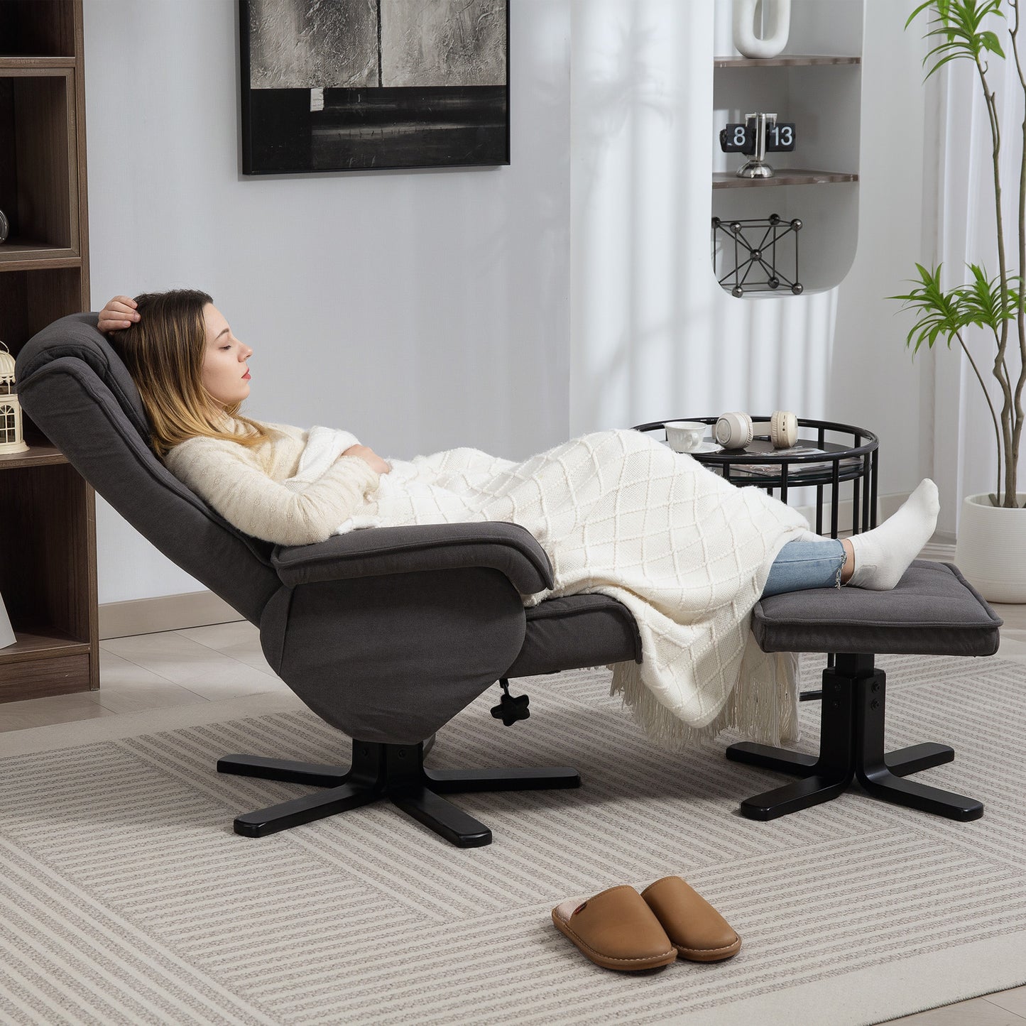 Swivel Recliner Chair with Footstool - Charcoal Grey Velvet