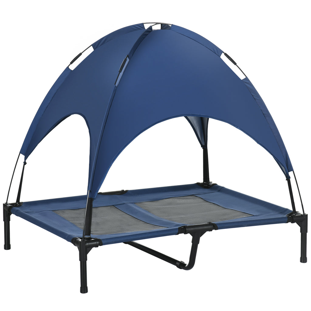 PawHut Outdoor Dog Bed with Removable Canopy, Portable Raised Dog Bed for Camping, Garden & Beach, Water-Resistant UV-Protection Mesh Pet Cot Sun Lounger, for Large Pets, 92 x 76 x 90 cm, Dark Blue