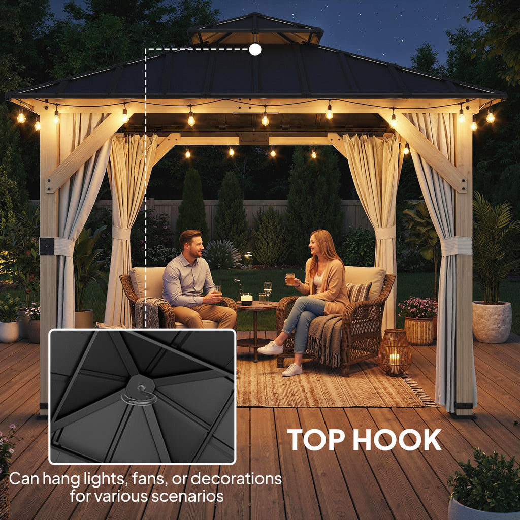 Outsunny 3 x 3 m Outdoor Hardtop Gazebo Canopy with 2-Tier Steel Roof, Wood Garden Gazebo with Curtains, Light Grey