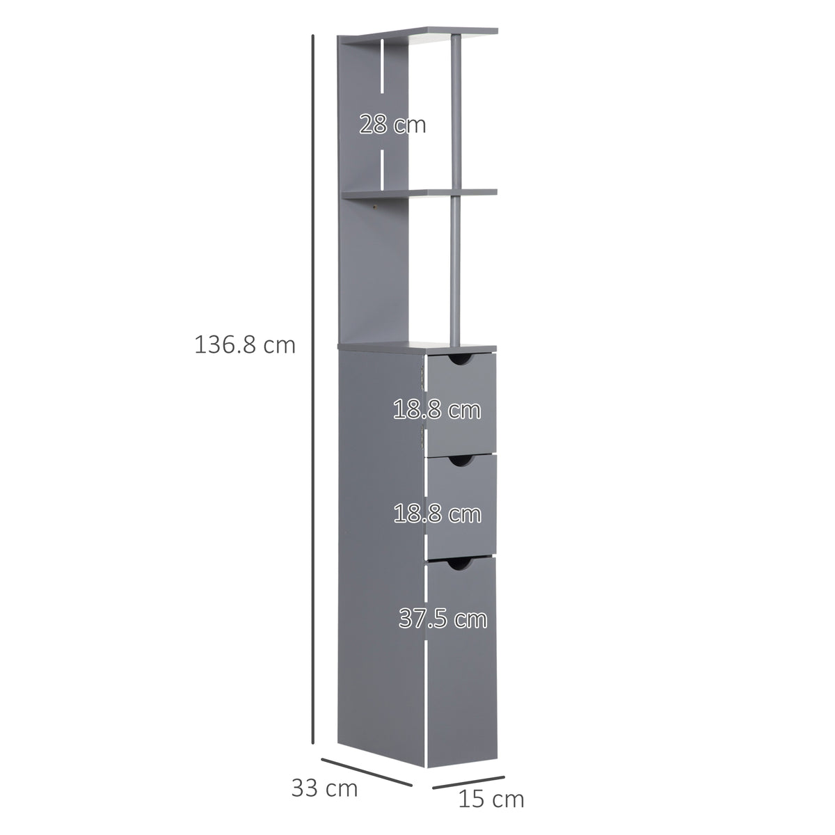 Tall Bathroom Cabinet, Freestanding Slim Bathroom Storage Cabinet with 2-Tier Open Shelf and 2 Drawers for Small Space, Narrow Cupboard Storage Unit, Grey