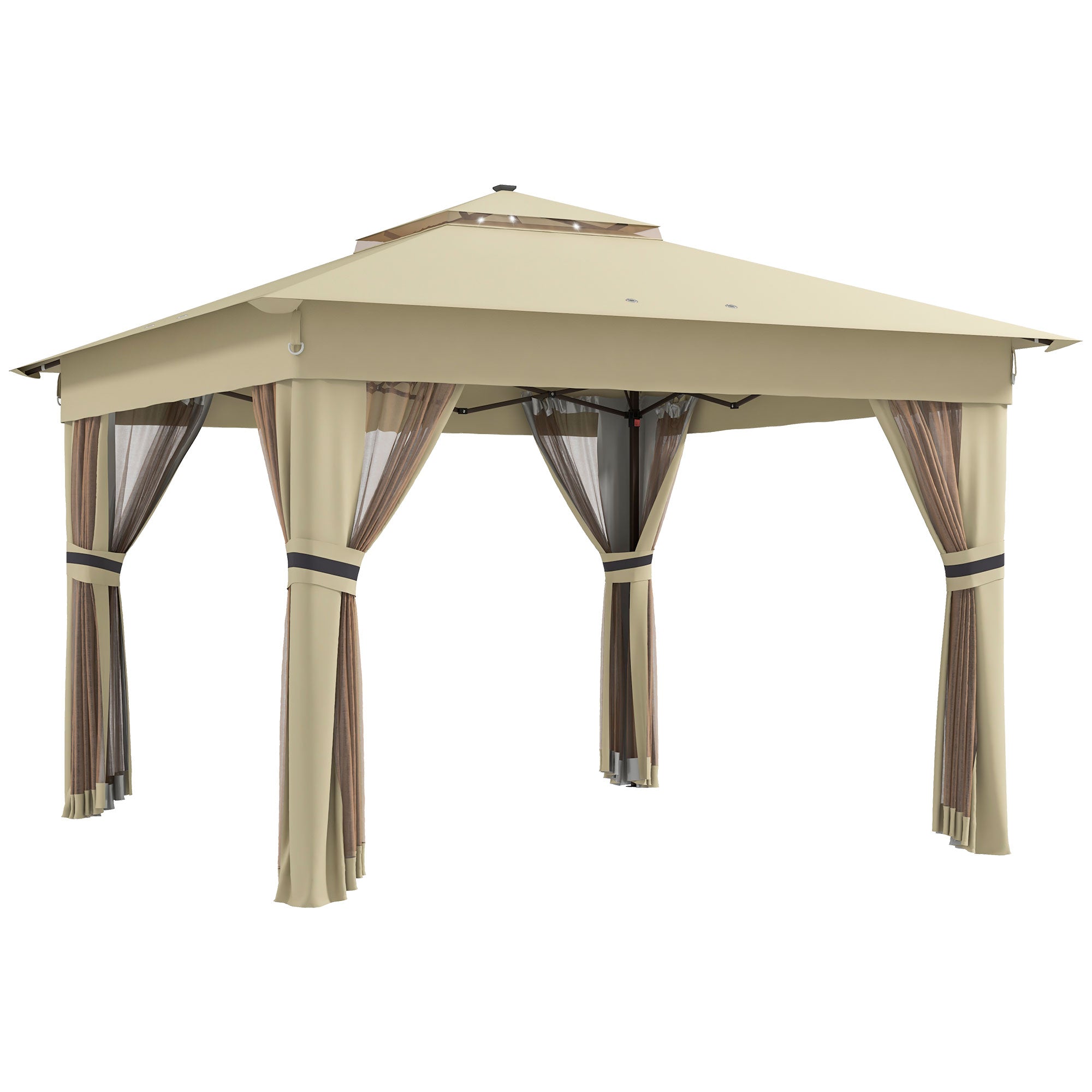 Outsunny 3.36 x 3.36m Pop Up Gazebo Party Tent with Solar-Powered LED Lights, Adjustable Event Shelter with Netting, Khaki