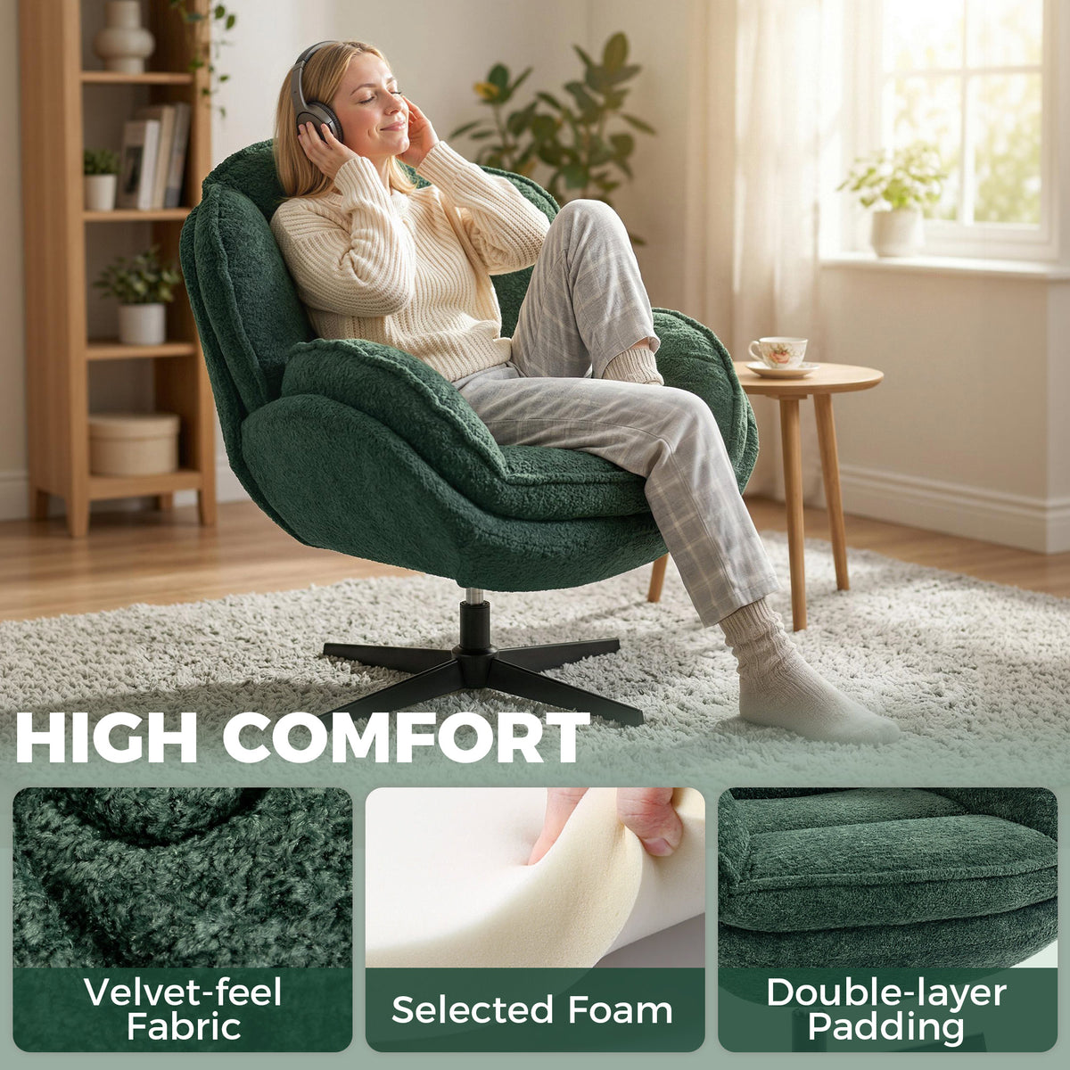 Modern Wingback Accent Chair, Velvet Armchair with Four-Star Base, S-Springs, Swivel, Dark Green