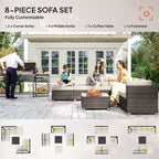 Outsunny 8 Piece Rattan Corner Sofa Set with Wide & Deep Seat, Assembled Aluminium PE Rattan Garden Furniture Set with Thick Cushions and Glass Top Table for Outdoor, Conservatory, Mixed Brown