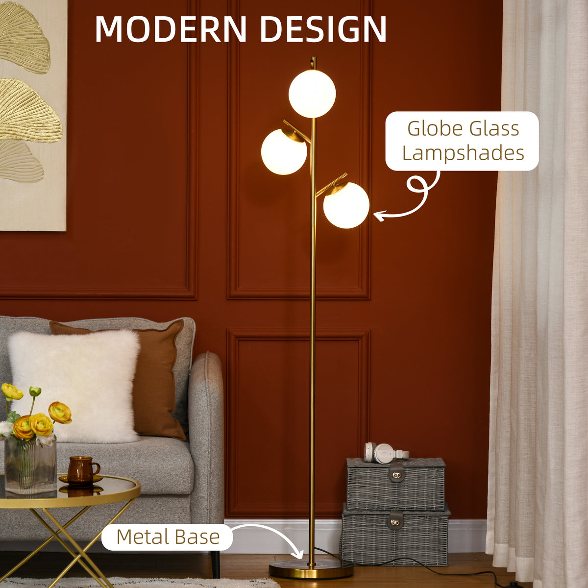 3-Light Tree Floor Lamps for Living Room, Modern Standing Lamp for Bedroom with Globe Lampshade, 3000K/4000K/6000K Colour Temperatures, Steel Base, Gold Tone