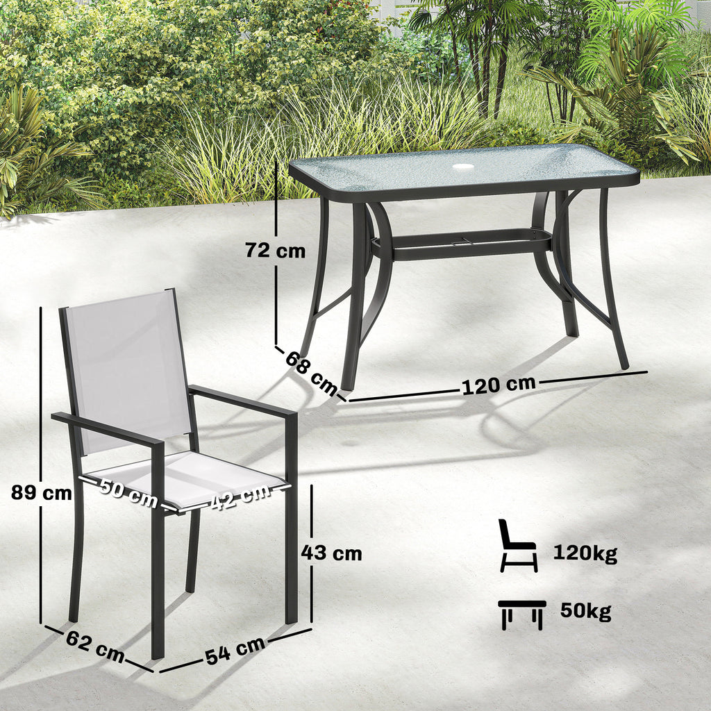 Outsunny Garden Dining Set for 4 with Umbrella Hole, Stackable Chairs and Rectangular Glass-Top Outdoor Table, Light Grey