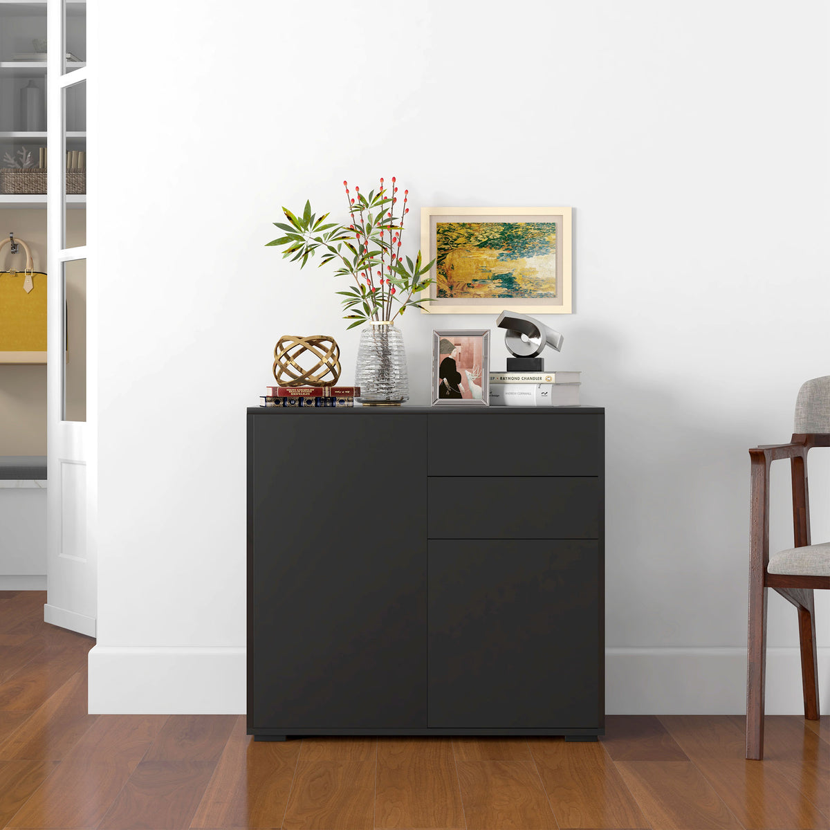 High Gloss Frame Sideboard, Push-Open Design with 2 Drawers for Living Room, Bedroom, 74H x 79W x 36Dcm, Black