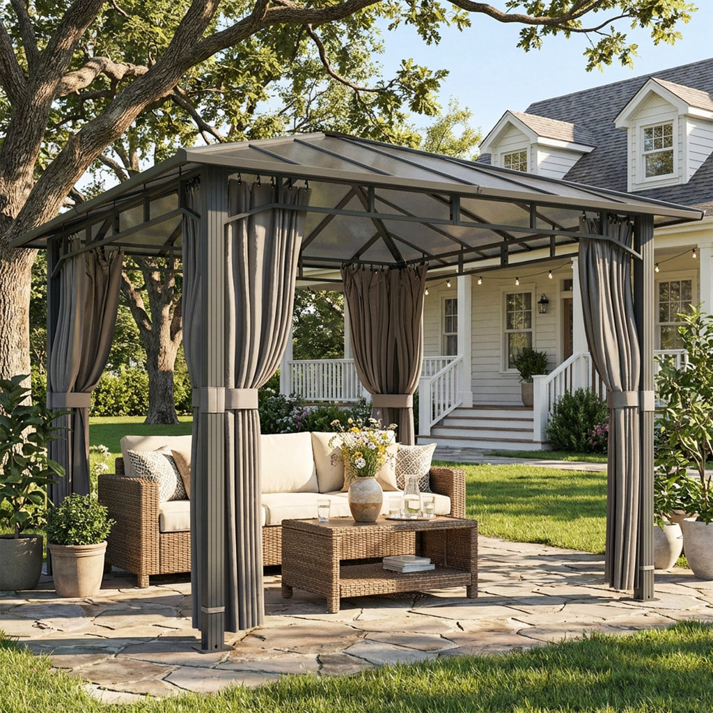 Outsunny 3 x 3 m Outdoor Hardtop Gazebo Canopy with PC Roof, Aluminium Permanent Pavilion Garden Gazebo with Curtains, Tan