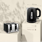 Kettle and Toaster Set, 1.7L 3000W Rapid Boil Jug Kettle with Otter Thermostat, Limescale Filter, 4 Slice Toaster with 7 Browning Controls, Crumb Tray, LED Strip, Black