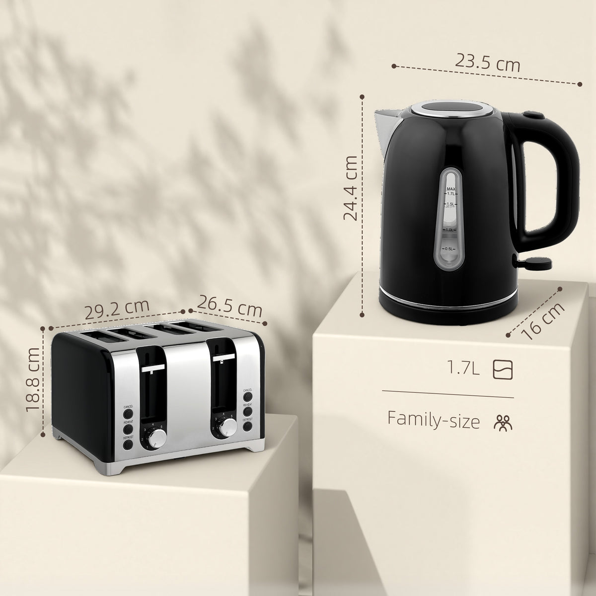 Kettle and Toaster Set, 1.7L 3000W Rapid Boil Jug Kettle with Otter Thermostat, Limescale Filter, 4 Slice Toaster with 7 Browning Controls, Crumb Tray, LED Strip, Black