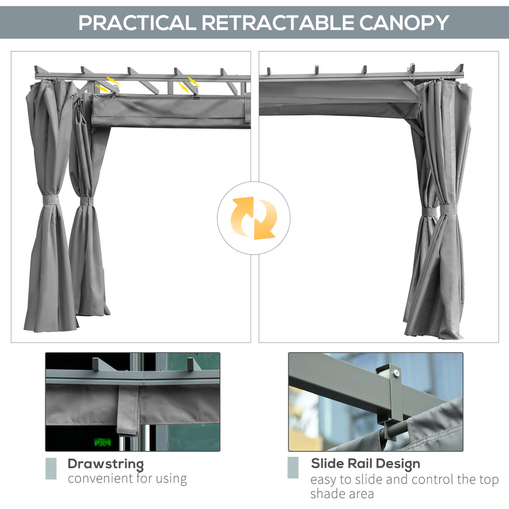 Outsunny 3.6 x 3(m) Outdoor Pergola Gazebo with Retractable Canopy and Curtains Garden Sun Shade, Dark Grey